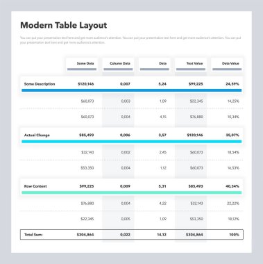 Modern table layout template with a total sum row. Simple flat template for data visualization.