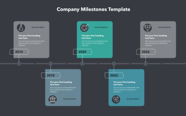Company milestones template with five stages - dark version. Slide for business presentation.