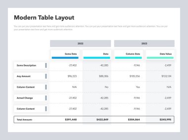 Yılların sütunları ve toplam toplam satırları ile modern tablo düzeni. Veri görselleştirmesi için basit düz şablon.