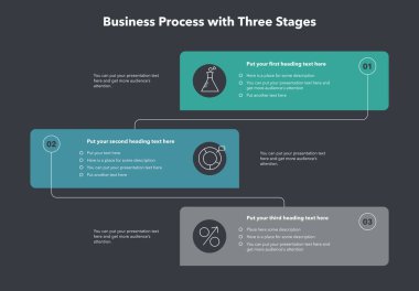 Simple vertical business process template - dark version. Concept of three stages with minimalistic icons.