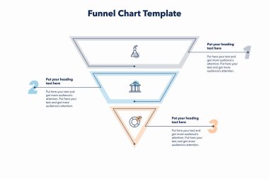Üç renkli bölümlü huni şeması. Asgari simgelerle üç adıma bölünmüş yaratıcı diyagram.