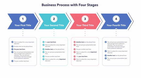 Geschäftsprozess Infografik Mit Vier Farbenfrohen Stadien Flache Präsentationsvorlage Mit Vier — Stockvektor