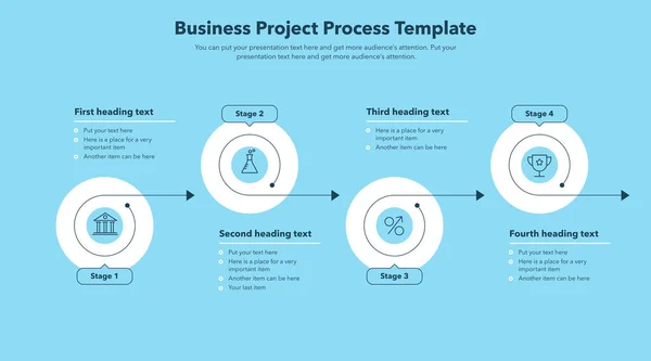 业务项目进度模板分为四个阶段 蓝色版本 带有简约图标的现代表示图 — 图库矢量图片