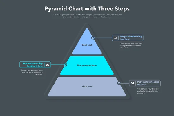 Plantilla Gráfico Piramidal Con Tres Pasos Colores Versión Oscura Diagrama — Vector de stock