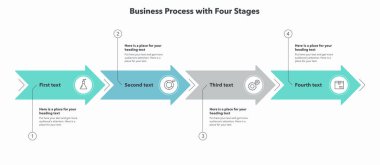 Oklar ve minimalist simgelerle dört aşamalı bir iş süreci. Veri görselleştirmesi için basit düz şablon.