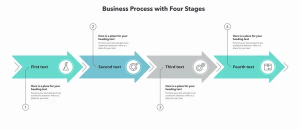 Vier Stufen Geschäftsprozess Mit Pfeilen Und Minimalistischen Symbolen Einfache Flache — Stockvektor
