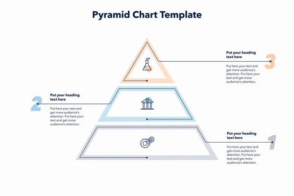 Modello Grafico Piramide Con Tre Passaggi Colorati Schema Creativo Diviso — Vettoriale Stock