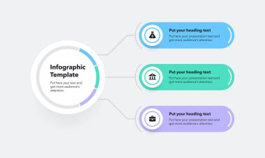 Üç renkli seçeneği olan modern doğrusal bilgi şablonu. Simgeleri ve mekanları metinlerinizi biçimlendiren basit düz sunum diyagramı.