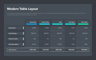 Toplam satır içeren modern tablo düzeni şablonu - koyu versiyonu. Proje veri görselleştirmesi için basit düz şablon.