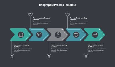 Beş adımlı yatay ok şablonu - koyu renk versiyonu. Düz bilgi dizaynı, web siteniz veya sunumunuz için kullanması kolay.