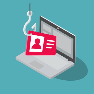 Dolandırıcılık sembolü ve olta iğnesi bilgisayarından kişisel bilgi çalıyor. Düz tasarım, web siteniz veya sunumunuz için kullanması kolay.