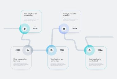 Beş adımlı modern bir yol haritası bilgi çizelgesi şablonu. İçeriğiniz için ince çizgiler, simgeler ve yerler içeren düz sunum grafiği.