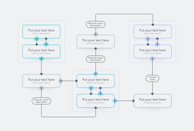 Modern işlem akış şeması şablonu üç ana bölümden oluşuyor. Web sitesi veya veri sunumu için ince çizgileri olan düz bilgi tasarımı.