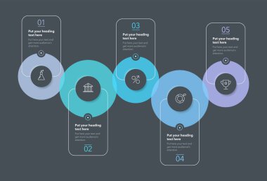 Beş adımlı dairesel işlem bilgi şablonu - karanlık versiyon. Çalışma akışı düzeni, diyagramı, afişi, web tasarımı için SImple grafik tasarımı.