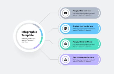 Dört renkli seçeneği olan modern doğrusal bilgi şablonu. Metinleriniz için simgeleri ve yerleri olan basit düz sunum diyagramı.