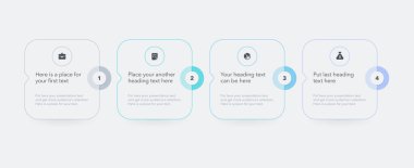 Yatay işlem bilgi şablonu ve dört seçenek. İnce çizgiler ve minimalist simgelerle düz sunum diyagramı.