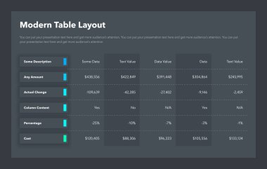 Altı renkli satırlı modern tablo düzeni - koyu versiyonu. Proje veri görselleştirmesi için basit düz şablon.