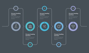 Yatay dairesel şablon ve beş adım - koyu versiyonu. Proje veri görselleştirmesi için basit düz diyagram.