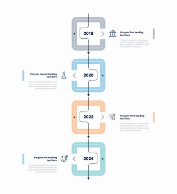 Dört renkli kilometre taşlı dikey zaman çizgisi bilgi şablonu. Web siteniz veya sunumunuz için kullanılabilir.