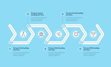 Beş basamaklı yatay şablon - mavi versiyon. Metinleriniz için minimalist simgeleri ve yeri olan düz bilgi dizaynı.