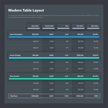 Toplam toplam satırlı modern tablo düzeni - koyu versiyonu. Veri görselleştirmesi için basit düz şablon.