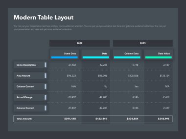 Yılların sütunları ve toplam toplam satırı ile modern tablo düzeni şablonu - koyu versiyonu. Veri görselleştirmesi için basit düz şablon.