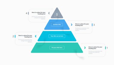 Dört renkli basamaklı üçgen piramit şablonu. Rakamlarla dört seçeneğe bölünmüş bilgi diyagramı.