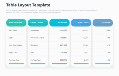 Beş renkli sütuna sahip masa düzeni şablonu. Veri görselleştirmesi için basit sunum şablonu.