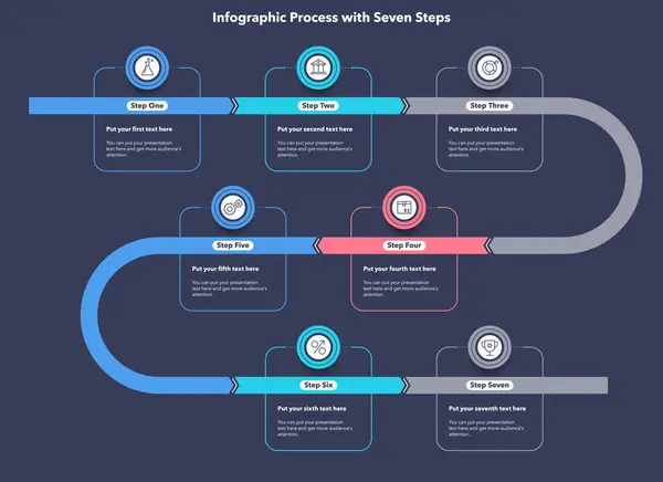 インフォグラフィックプロセス図は 最小限のアイコン ダークバージョン で7つのステップに分かれています Simple ワークフローレイアウト バナー Webデザインのためのチャートデザイン ストックイラスト