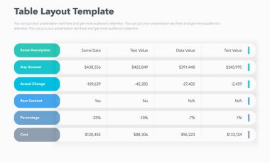 Altı renkli satırlı masa düzeni şablonu. Proje veri görselleştirmesi için basit düz şablon.
