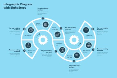 Sekiz basamaklı akış bilgi tasarım şablonu - mavi versiyonu. Metinleriniz için sayılarla, simgelerle ve yerlerle modern işlem diyagramı.