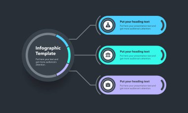 Üç seçeneği olan modern akış şeması bilgi şablonu - karanlık versiyonu. Metinlerinizi biçimlendiren simgelerle ve konumlarla sunum diyagramı.