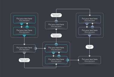 Süreç akış diyagramı için modern bilgi - karanlık versiyonu. Düz tasarım, web siteniz veya sunumunuz için kullanması kolay.