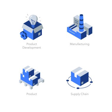 Üretim için basit izometrik düz simgeler seti. Ürün Geliştirme, Üretim, Ürün ve Tedarik Zinciri gibi semboller içerir.