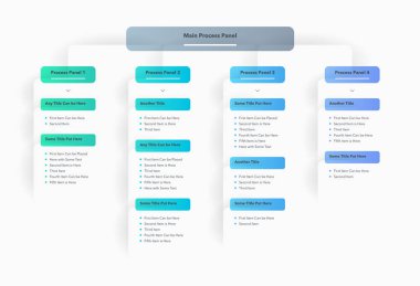 Proje veya organizasyon yapısı için modern bilgi. Veri görselleştirmesi için dört renkli seçeneğe sahip basit diyagram.