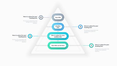 Dört renkli basamaklı üçgen piramit şablonu. Metinleriniz için sayı ve yer içeren dört seçeneğe bölünmüş bilgi diyagramı.