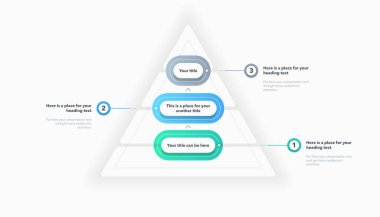 Üç renkli basamaklı üçgen piramit şablonu. Metnin için sayı ve yer içeren üç seçeneğe bölünmüş bilgi diyagramı.