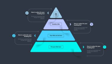Dört renkli basamaklı üçgen piramit şablonu - karanlık versiyon. Rakamlarla dört seçeneğe bölünmüş bilgi diyagramı.