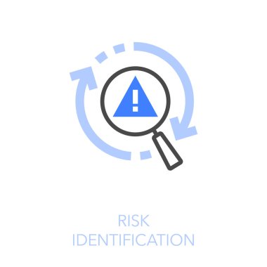 İşlem okları ve uyarı sembollü bir büyüteç içeren basit görsel risk tanımlama simgesi.
