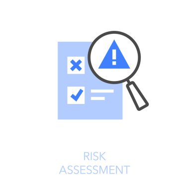 Bir kontrol listesi belgesi ve uyarı sembollü bir büyüteç içeren basit görsel risk değerlendirme simgesi.