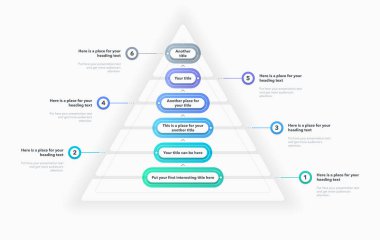 Altı renkli basamaklı üçgen piramit şablonu. Metnin için sayı ve yer içeren üç seçeneğe bölünmüş bilgi diyagramı.