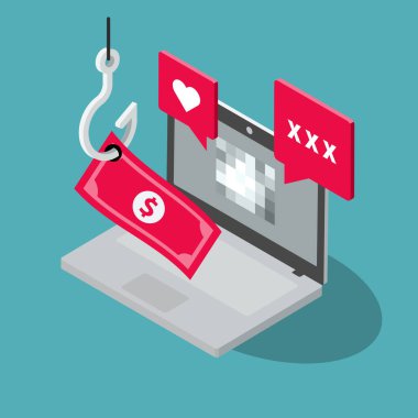 Dizüstü bilgisayarı ve olta iğnesiyle para çalan seks sembolü. Isometric düz tasarım, web siteniz veya sunumunuz için kullanması kolay.