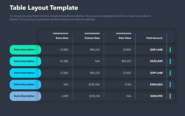Beş seçenekli tablo düzeni şablonu ve toplam miktar sütunu- koyu sürümü. Proje veri görselleştirmesi için basit düz şablon.