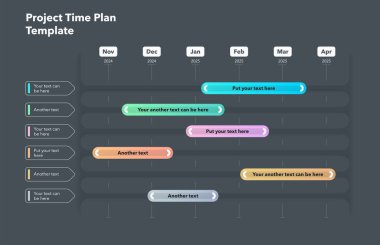 Proje zaman planı zaman aralıklarıyla altı proje görevi ile şablon - karanlık sürüm. Web siteniz veya sunumunuz için kullanılabilir.