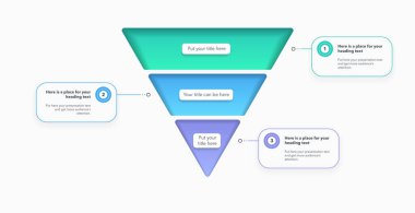 Üç renkli bölümlü modern huni şeması. Yaratıcı diyagram içeriğiniz için sayı ve yer içeren üç parçaya bölünür.