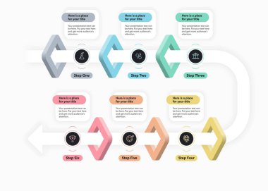 Eğri işlem akış diyagramı, altı seçenek veya adımla ve içeriğiniz için bir yer. Veri görselleştirmesi için bir ok ve minimalist simgelerle düz sunum şablonu.