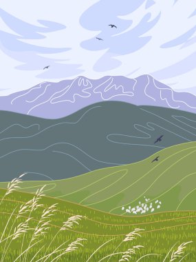 Mavi gökyüzü, dağlar, tepeler, çayırlar, yeşil çimenler, yabani tahıllar ve uçan kuşlarla basit doğa manzarası. Serenity peyzaj vektörü minimalist illüstrasyon.