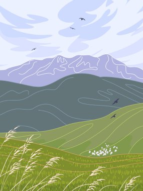 Simple nature scene with blue sky, mountains, hills, meadow, green grass, wild cereals and flying birds. Serenity landscape vector minimalistic illustration. clipart