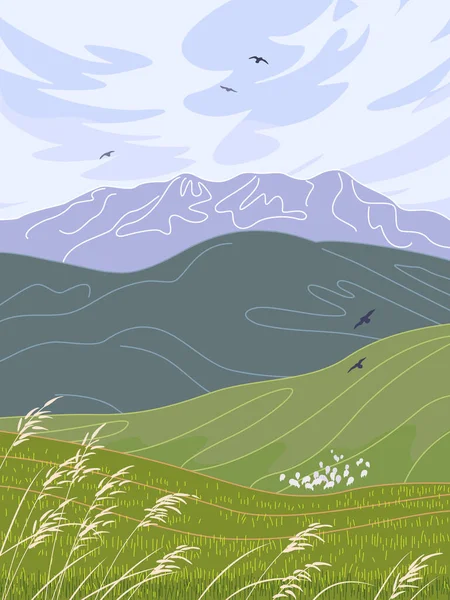 Einfache Naturlandschaft Mit Blauem Himmel Bergen Hügeln Wiese Grünem Gras — Stockvektor
