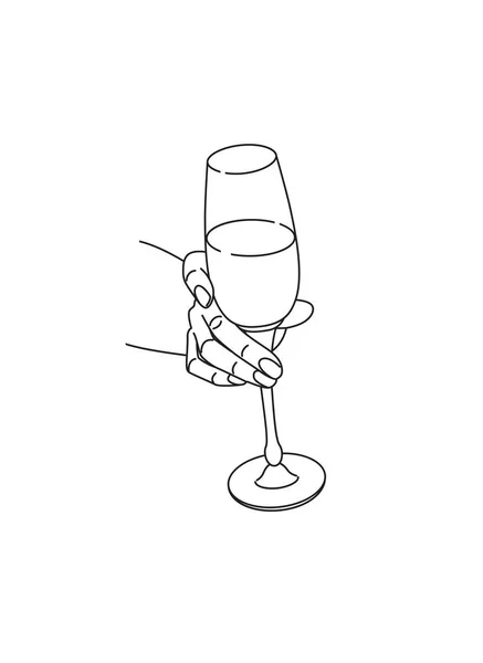 Female Hand Holding Wine Glass Monochrome Vector Design Element Line — Vetor de Stock